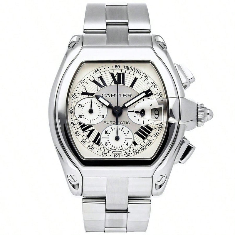 Cartier Men's Roadster W62006X6 Bracelet Silver Dial Swiss automatic Movement Deployment Clasp 40mm Tonneau Watch