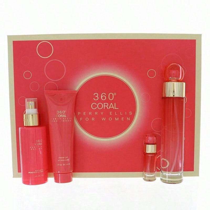 360 Coral by Perry Ellis for Women - 4 Pc Gift Set 3.4oz EDP Spray, 4oz Body Mist, 3oz Shower Gel, 0.25oz EDP Spray