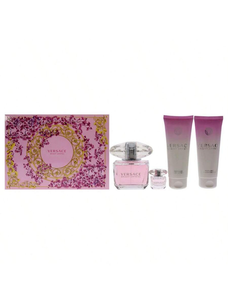 Versace Bright Crystal 4 Pcs Set For Women: 3 Oz Eau De Toilette Spray + 5 Ml Eau De Toilette Mini + 3.4 Body Lotion + 3.4 Bath And Shower Gel