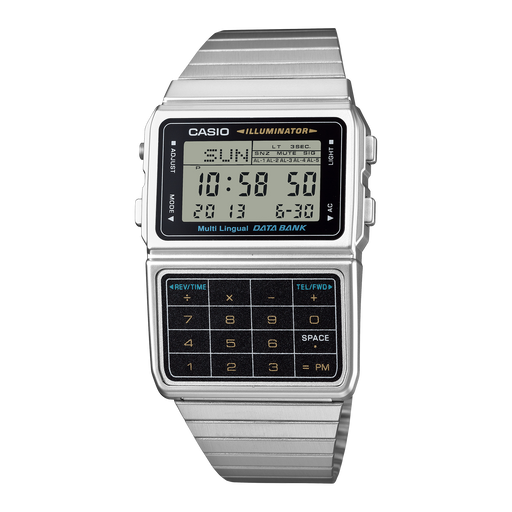 Casio Data Bank Digital Stainless Steel Band 8-Digit Calculator Dual Time Quartz 33mm Watch – Stainless Steel