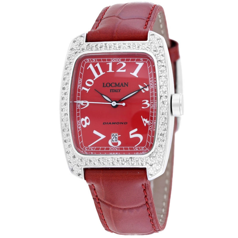 Locman Women's Diamond Classic 487RD2D/RD Strap Red Dial Quartz Movement Buckle Clasp 32mm Rectangle Watch