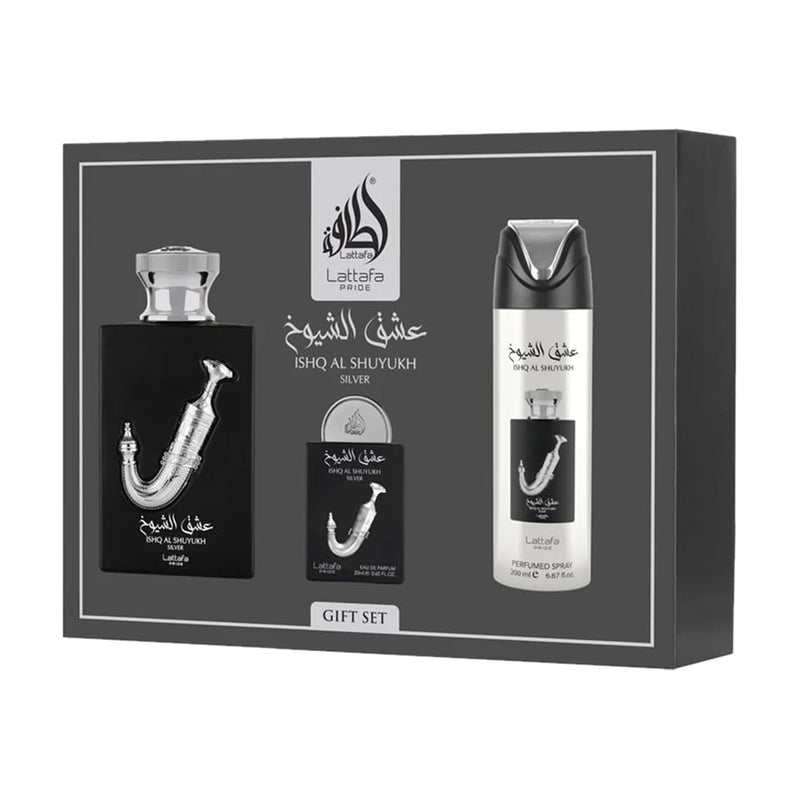 Lattafa Pride Ishq Al Shuyukh Silver (h B)3pc ( Perfumed B S ) Men's Eau De Parfum Gift Set