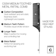 Cricket Carbon Comb Seamless Medium Tooth Pattern Metal Rattail C55 Unisex Gift Set