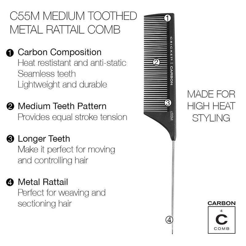 Cricket Carbon Comb Seamless Medium Tooth Pattern Metal Rattail C55 Unisex Gift Set