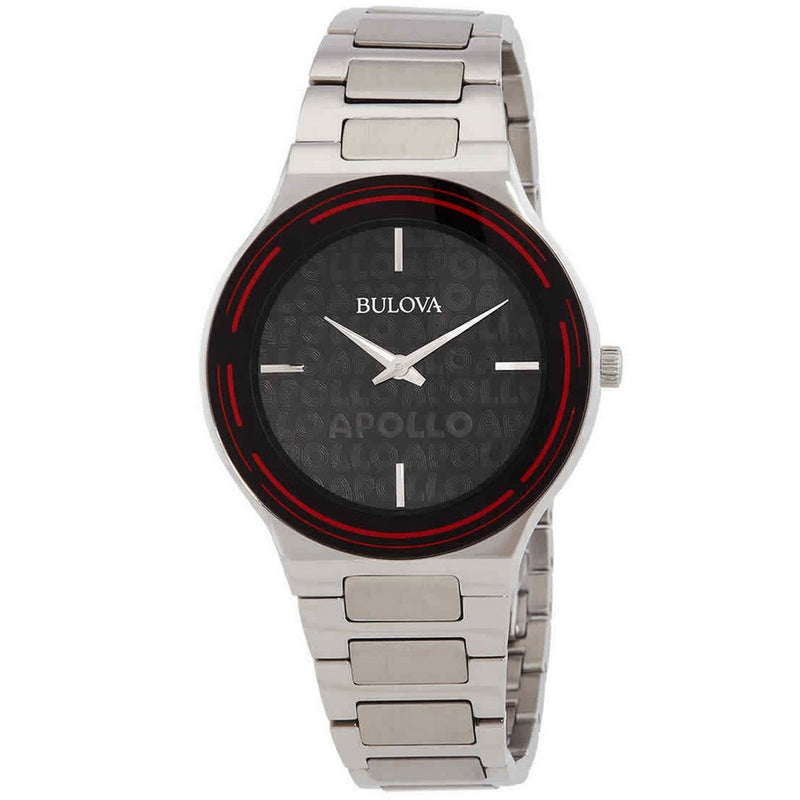 Bulova Men's Apollo 96A296 Bracelet Black Dial Quartz Movement Deployment Clasp 43mm Round Watch