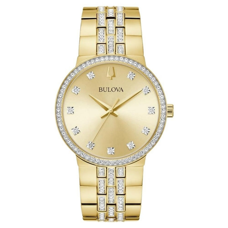 Bulova Men's Crystal 98K113 Bracelet Gold Dial Quartz Movement Fold over Clasp 40mm Round Watch