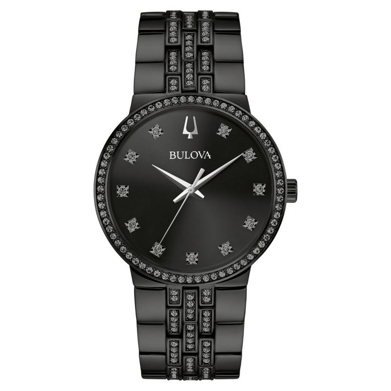 Bulova Men's Gemmed 98K116 Bracelet Black Dial Quartz Movement Fold over Clasp 40mm Round Watch