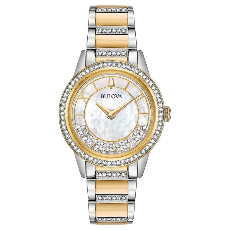 Bulova Women's Crystal 98L245 Bracelet Mother Of Pearl Dial Quartz Movement Fold over Clasp 32mm Round Watch
