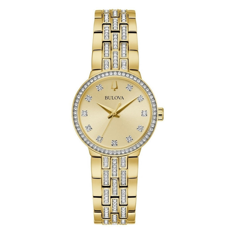Bulova Women's Crystal 98X133 Bracelet Gold Dial Quartz Movement Fold over Clasp 29mm Round Watch