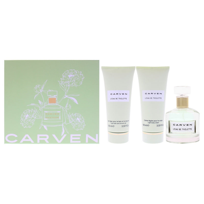 LEau De Toilette by Carven for Women - 3 Pc Gift Set 3.33oz EDT Spray, 3.33oz Light Body Cream, 3.33oz Ligth Bath and Shower Gel
