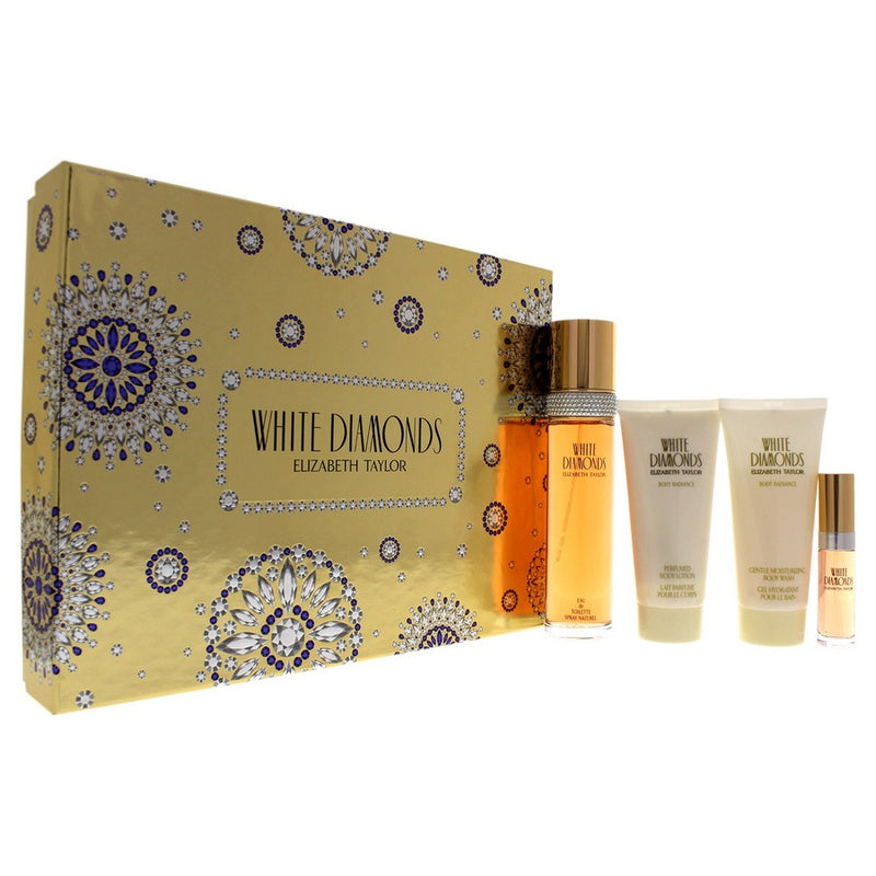 White Diamonds by Elizabeth Taylor for Women - 4 Pc Gift Set 3.3oz EDT Spray, 0.33oz EDT Spray (Mini), 3.3oz Gentle Moisturizing Body Wash, 3.3oz Perfumed Body Lotion