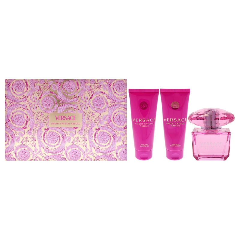 Versace Bright Crystal Absolu by Versace for Women - 4 Pc Gift Set - 3oz EDP Spray, 3.4oz Shower Gel, 3.4oz Body Lotion, Bag - Black and Gold