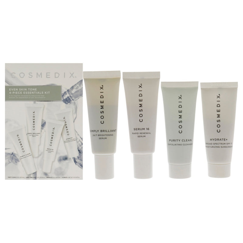 Even Skin Tone Essentials Kit by Cosmedix for Unisex - 4 Pc 0.5oz Purity Clean Exfoliating Cleanser, 0.5oz Simply Brilliant 24-7 Brightening Serum, 0.5oz Serum 16 Rapid Renewal, 0.5oz Hydrate Plus SPF 17 Moisturizing Sunscreen