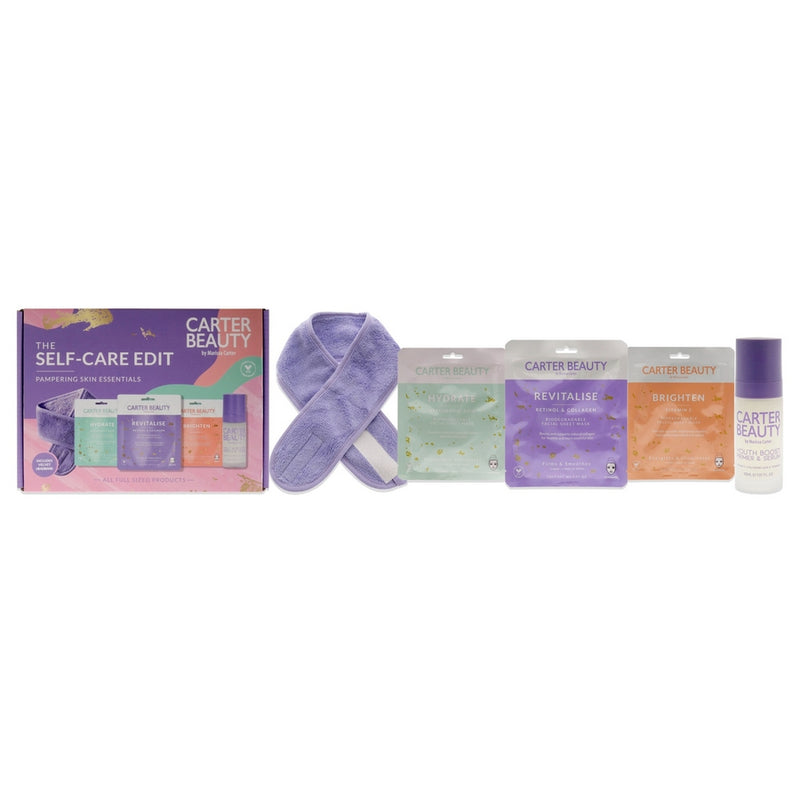 The Self-Care Edit Set by Carter Beauty for Women - 5 Pc 3 x 0.81oz Revitalise Retinol and collagen FaciaL Sheet Mask, Hydrate- Hyaluronic Acid Facial Sheet Mask, Brighten - Vitamin C Facial Sheet Mask, 1.01oz Youth Boost Promer and Serum, Velvet Headband