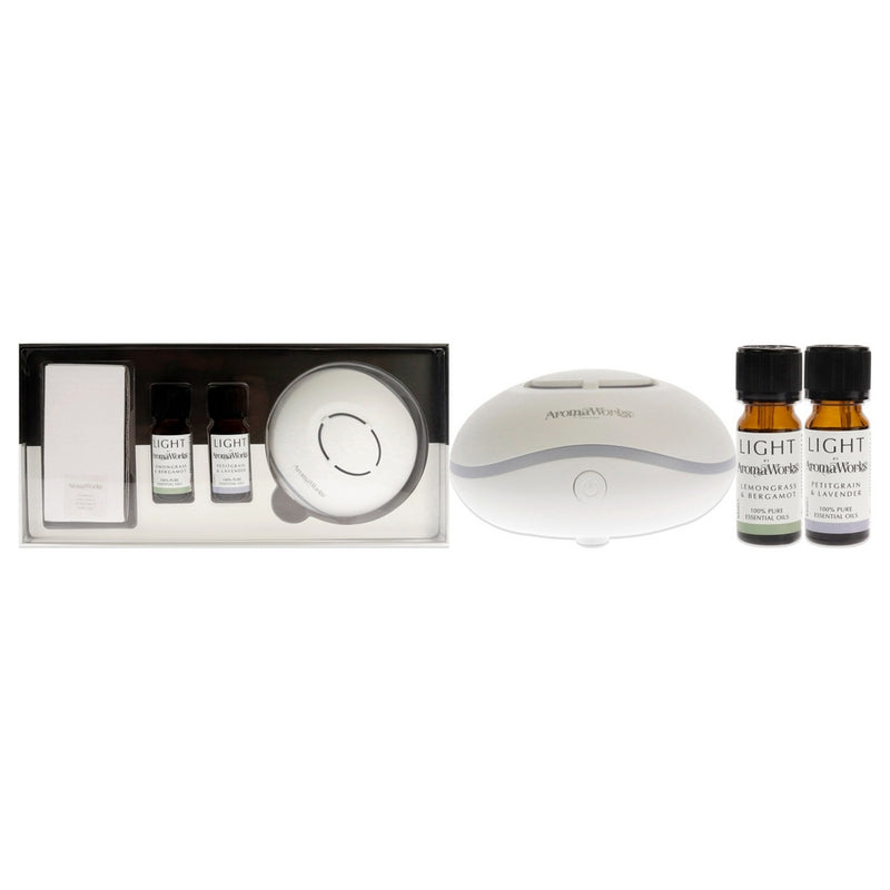 Light Range USB Aroma Diffuser Set by Aromaworks for Unisex - 4 Pc 0.33oz Light Essential Oil - Lemongrass and Bergamot, 0.33oz Light Essential Oil - Petitgrain and Lavender, USB Diffuser, USB Cable and 20 Refill Pads