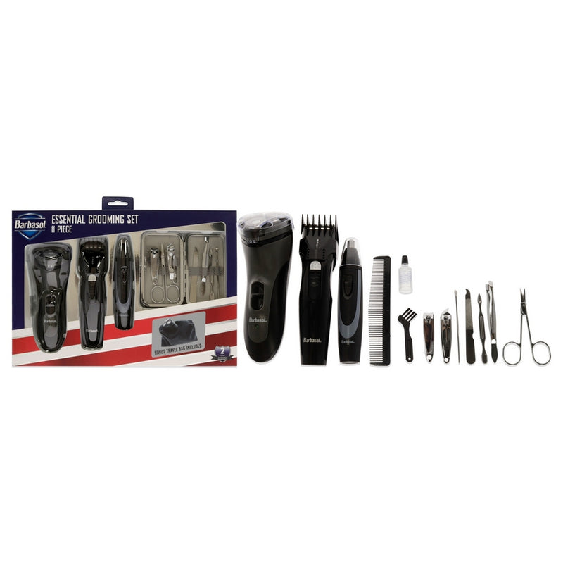 Essential Grooming Set by Barbasol for Men - 10 Pc Body and Beard Trimmer, Ear and Nose Trimmer, 2 Nail Clippers, 2 Cuticle Pusher, Nail Filer, Comb, Safety scissors, 2 AAA batteries