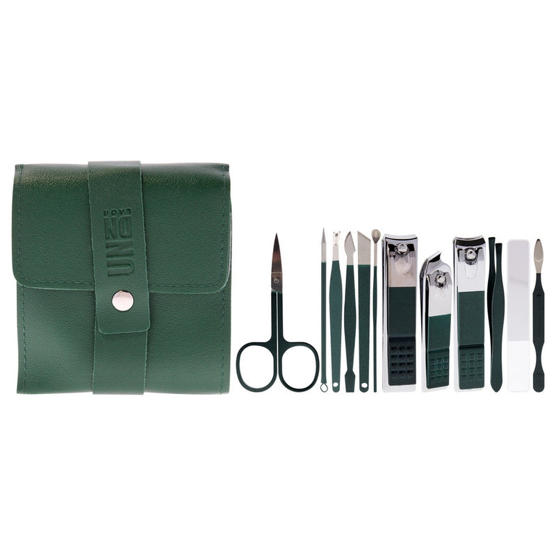 Manicure Set - Dark Green by UNDN for Women - 12 Pc Micro Scissors, 3Pc Clippers, Glass File, Tweezers, 1Pc Looped Lancet, Ear Cleaner, Small Nail Cleaner, Large Nail Cleaner, Cuticle Remover, Pedicure Knife
