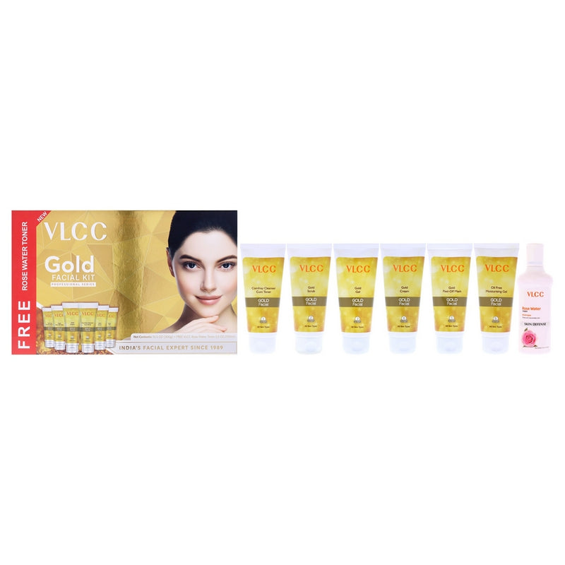 Gold Facial Kit by VLCC for Women - 7 Pc 1.76oz Comfrey Cleanser Cum Toner, 1.76oz Gold Scrub, 1.76oz Gold Gel, 1.76oz Gold Cream, 1.76oz Gold Peel-Off Mask, 1.76oz Oil Free Moisturising Gel, 3.5oz Rose Water Toner