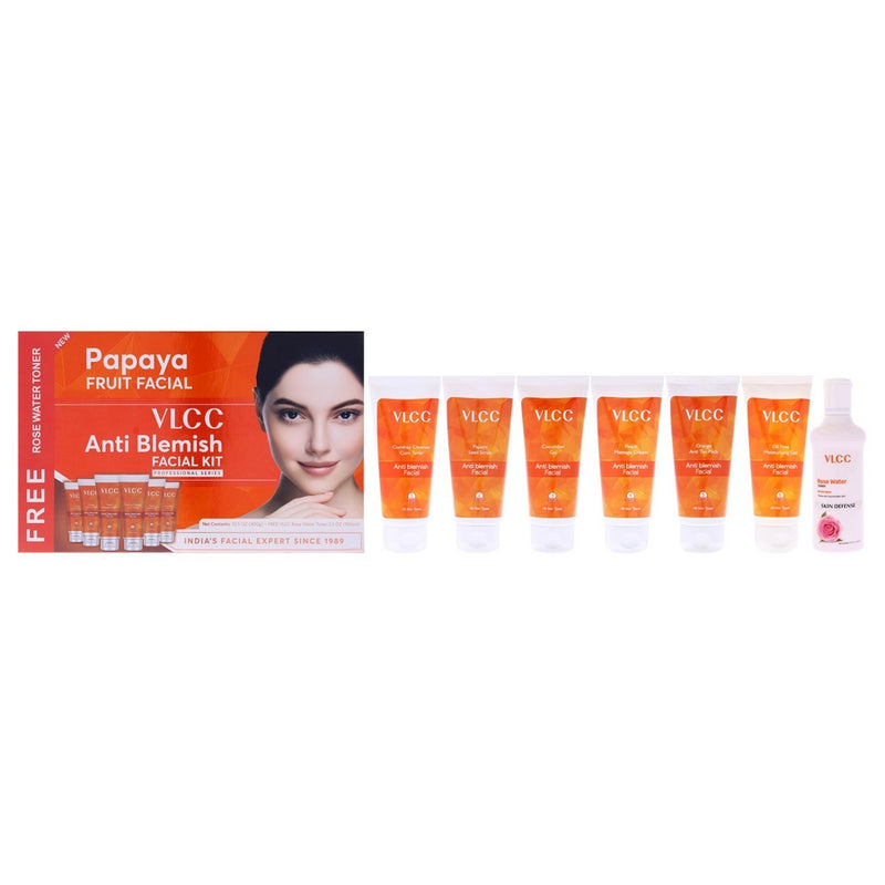 Anti Blemish Facial Kit by VLCC for Women - 7 Pc 1.76oz Comfrey Cleanser Cum Toner, 1.76oz Papaya Seed Scrub, 1.76oz Cucumber Gel, 1.76oz Peach Massage Cream, 1.76oz Orange Anti Tan Pack, 1.76oz Oil Free Moisturising Gel, 3.5oz Rose Water Toner