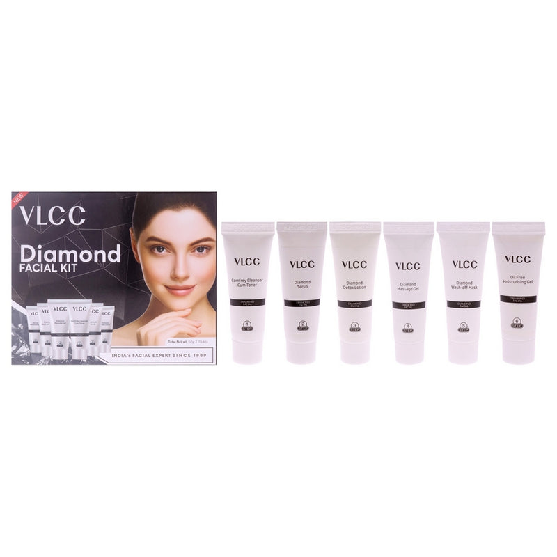 Diamond Facial Kit by VLCC for Women - 6 Pc 0.35oz Comfrey Cleanser Cum Toner, 0.35oz Diamond Scrub, 0.35oz Diamond Detox Lotion, 0.35oz Diamond Massage Gel, 0.35oz Diamond Wash Off Mask, 0.35oz Oil Free Moisturising Gel