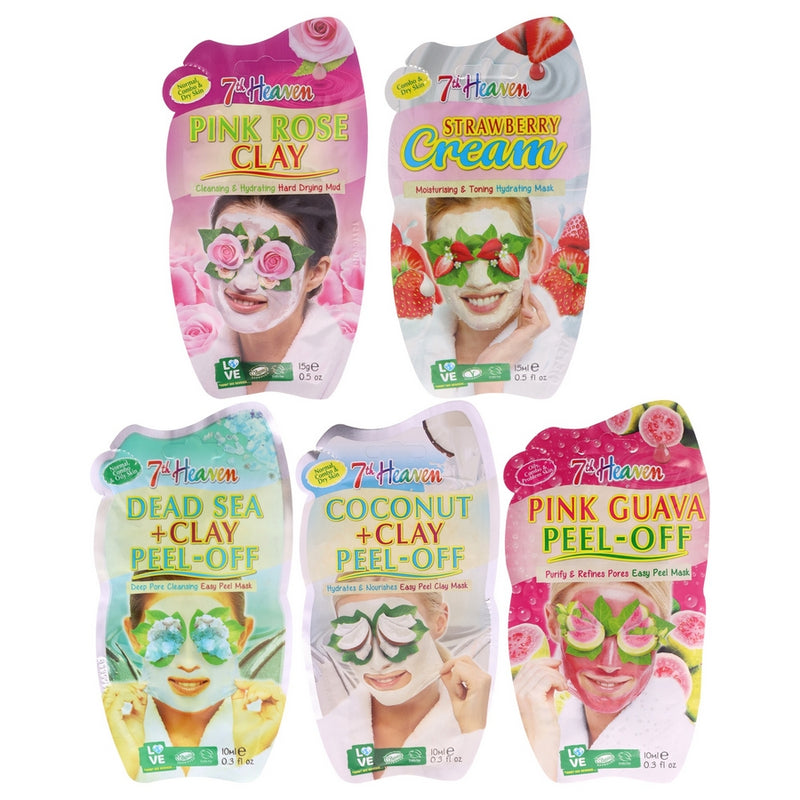 Moisturising Face Masks by 7th Heaven for Women - 5 Pc 0.5oz Strawberry Cream Mask, 0.3oz Dead Sea Plus Clay Peel-Off Mask, 0.3oz Coconut Plus Clay Off-Peel Mask, 0.5oz Pink Rose Clay Mask, 0.3oz Pink Guava Peel-Off Mask