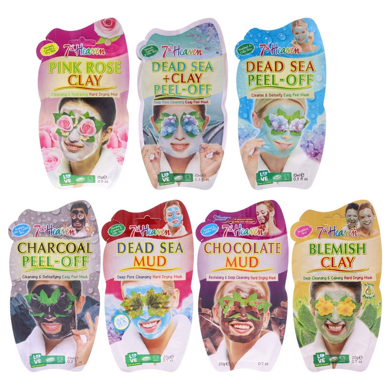 Face Mask Set by 7th Heaven for Women - 7 Pc 0.3oz Dead Sea Plus Clay Peel-Off Mask, 0.5oz Pink Rose Clay Mask, 0.7oz Chocolate Mud Mask, 0.7oz Duad Sea Mud Mask, 0.3oz Deep Sea Peel-Off Mask, 0.3oz Charcoal Peel-Off Mask, 0.33oz Blemish Clay Mask