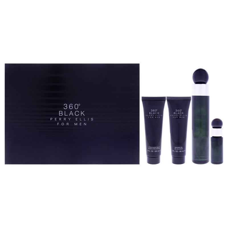 360 Black by Perry Ellis for Men - 4 Pc Gift Set 3.4oz EDT Spray, 0.25oz EDT Spray (Mini), 3oz Aftershave Balm, 3oz Shower Gel