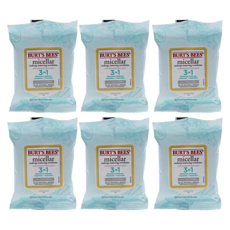 Micellar Makeup Removing Towelettes - Coconut and Lotus Water by Burts Bees for Women - 10 Count Towelettes - Pack of 6