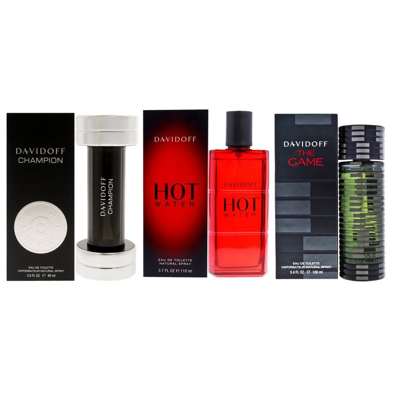 Davidoff Kit by Davidoff for Men - 3 Pc Kit 3.7oz Hot Water EDT Spray, 3.4oz The Game EDT Spray, 3oz Champion EDT Spray