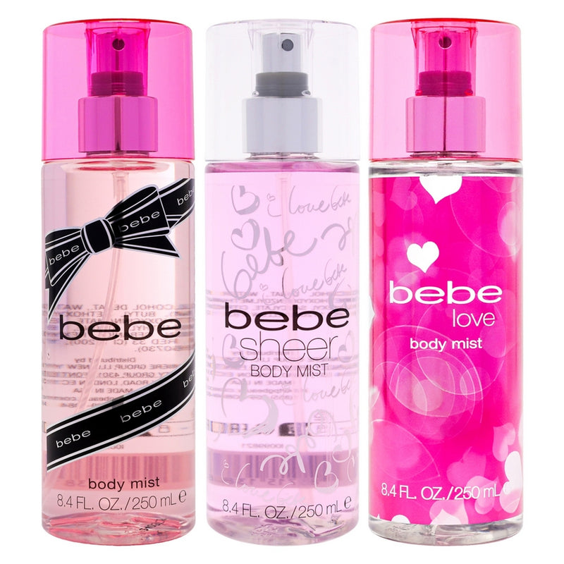 Mist Trio - Everyday Glam Layer Kit by Bebe for Women - 3 Pc Kit 8.4oz Body Mist - Bebe Love, 8.4oz Body Mist - Bebe Silver, 8.4oz Body Mist - Bebe Sheer