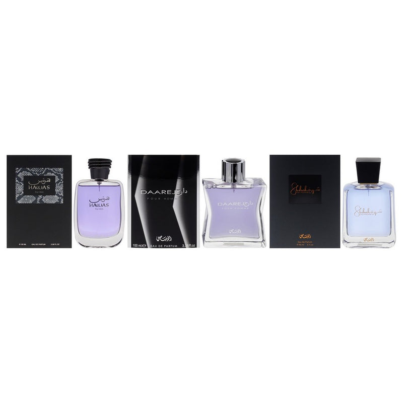 Rasasi Kit by Rasasi for Men - 3 Pc Kit 3.38oz Hawas Collection - Hawas EDP Spray, 3oz Shuhrah EDP Spray, 3.38oz Daarej EDP Spray