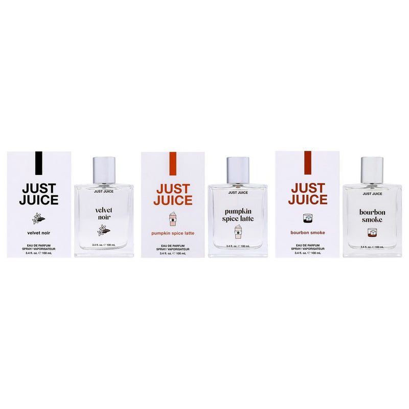 Warm and Cozy Nights Kit by Just Juice for Unisex - 3 Pc Kit 3.4oz Pumpkin Spice Latte EDP Spray, 3.4oz Bourbon Smoke EDP Spray, 3.4oz Velvet Noir EDP Spray