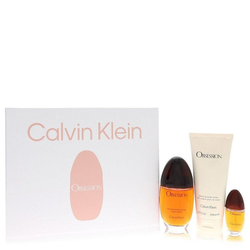 Obsession By Calvin Klein Gift Set -- 3.4 Oz Eau De Parfum Spray + 6.7 Oz Body Lotion + .5 Oz Mini Edp Spray