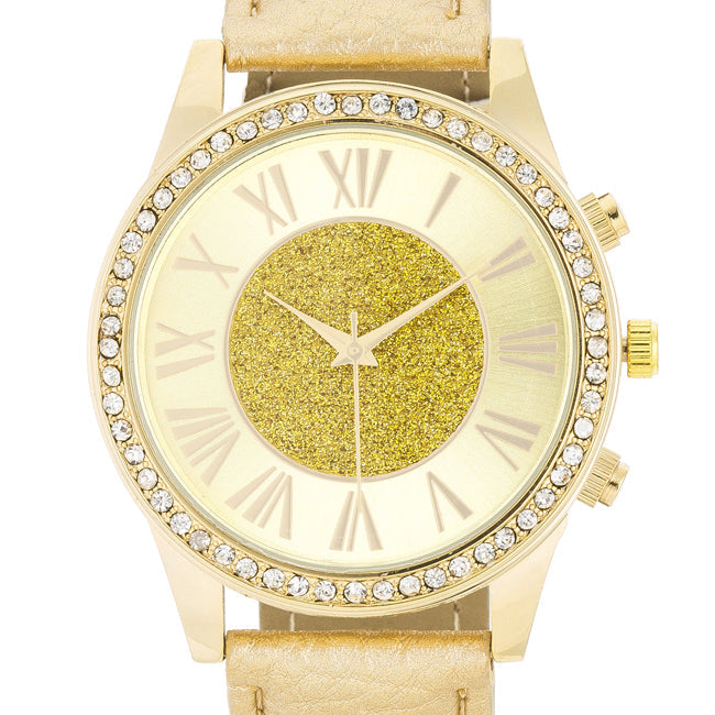 ShineHigh Shira Crystal Leather Watch With Gold Leather Strap