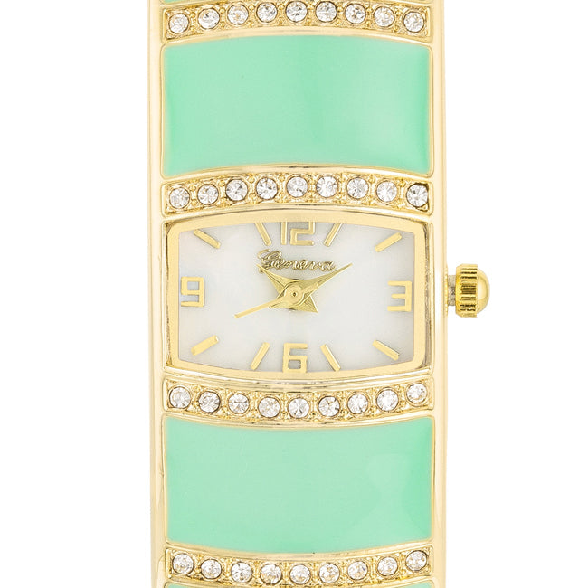 ShineHigh Gold Cuff Watch With Crystals - Mint