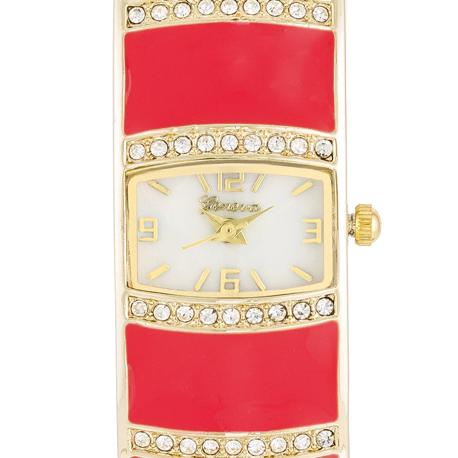 ShineHigh Gold Cuff Watch With Crystals - Pink