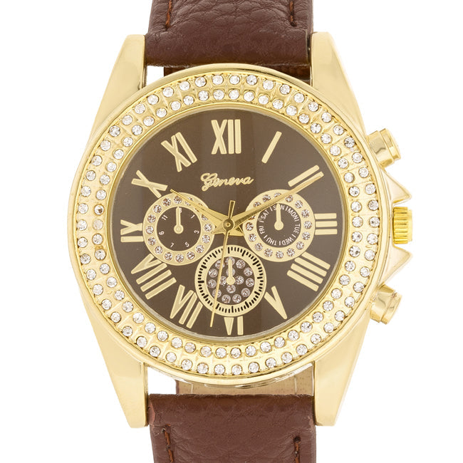 ShineHigh Brown Leather Watch With Crystals