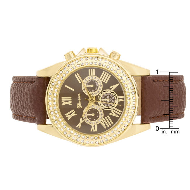 ShineHigh Brown Leather Watch With Crystals