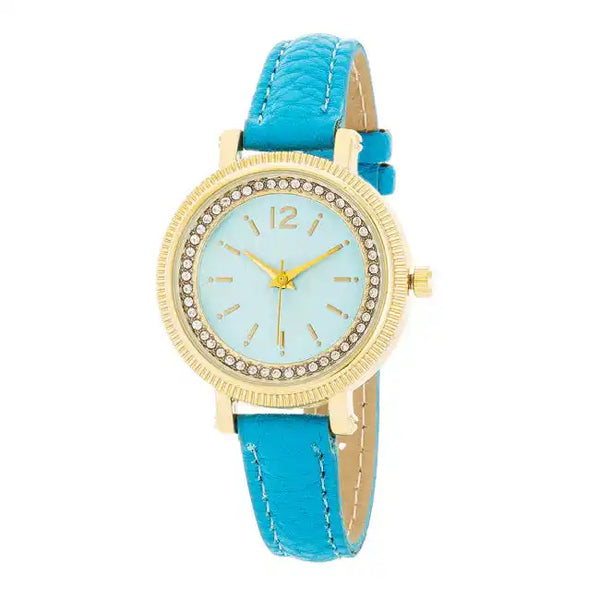 Jam Tangan Kristal ShineHigh Georgia Gold dengan Tali Kulit Pirus