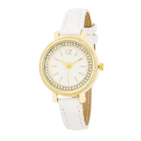 Jam Tangan Kristal Emas Georgia ShineHigh dengan Tali Kulit Putih