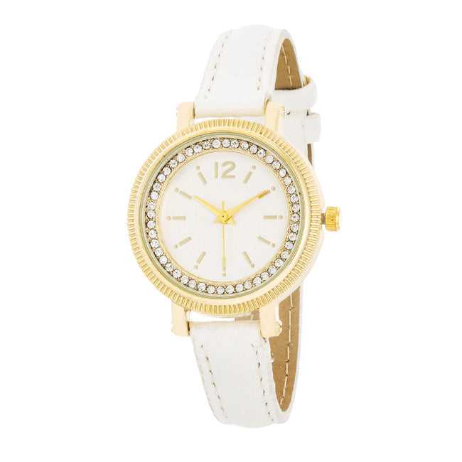ShineHigh Georgia Gold Crystal Watch With White Leather Strap