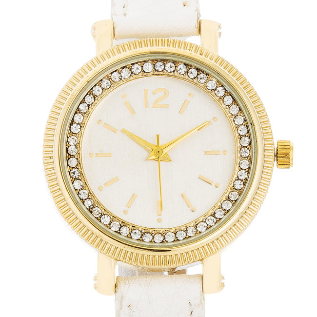 ShineHigh Georgia Gold Crystal Watch With White Leather Strap