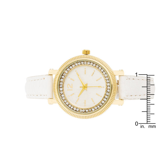 ShineHigh Georgia Gold Crystal Watch With White Leather Strap