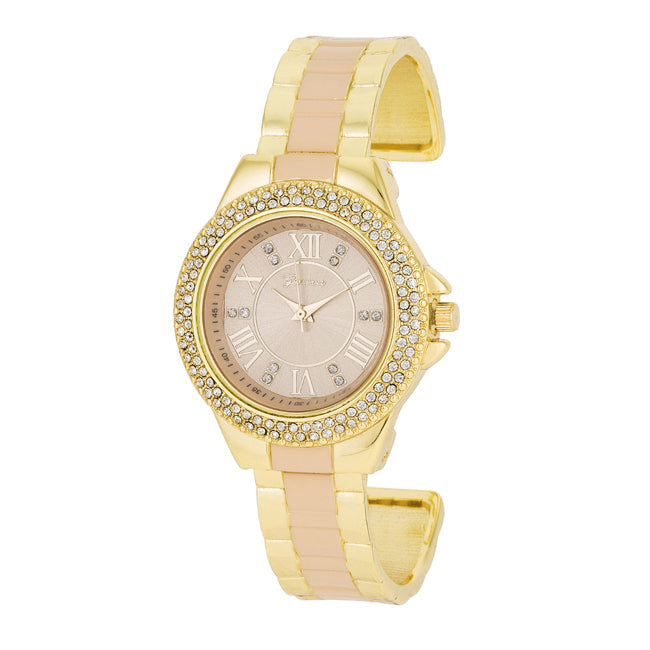 ShineHigh Gold Metal Cuff Watch With Crystals - Beige