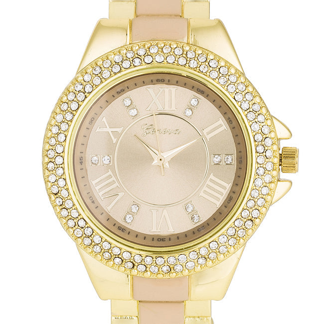 ShineHigh Gold Metal Cuff Watch With Crystals - Beige