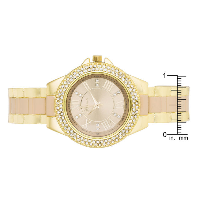 ShineHigh Gold Metal Cuff Watch With Crystals - Beige
