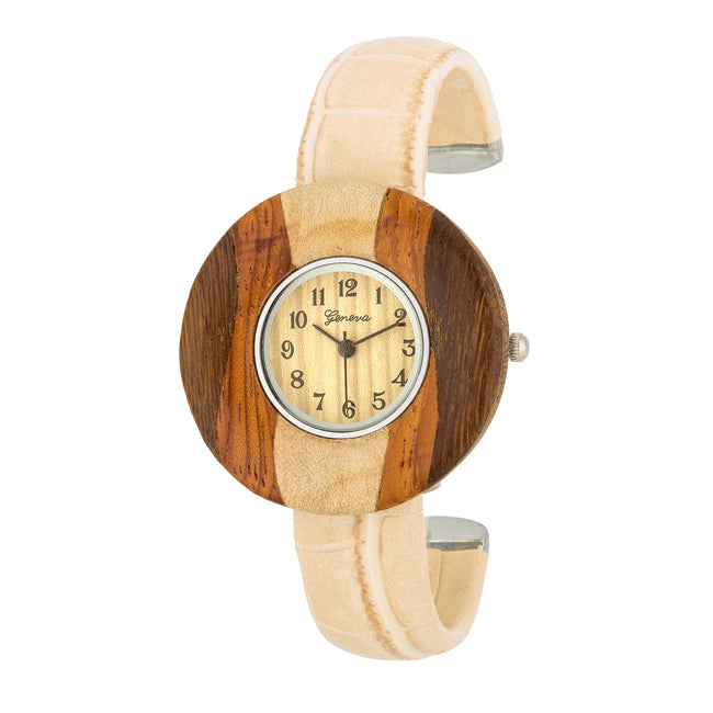 ShineHigh Brenna Beige Wood Inspired Leather Cuff Watch