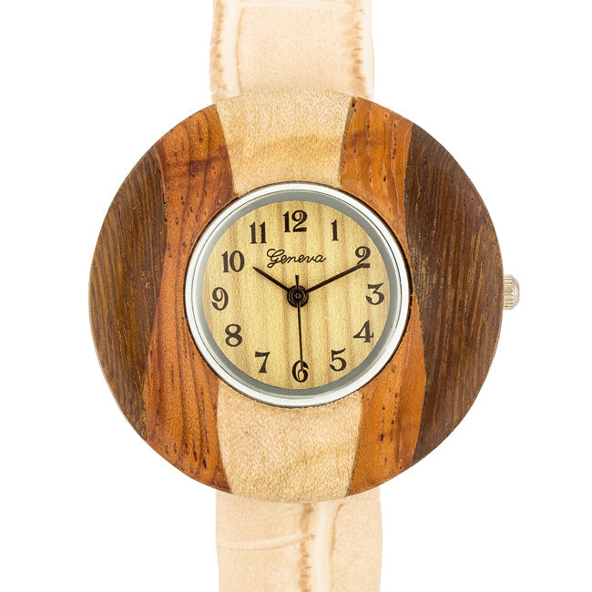 ShineHigh Brenna Beige Wood Inspired Leather Cuff Watch