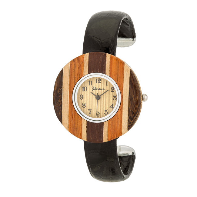 ShineHigh Brenna Black Wood Inspired Leather Cuff Watch