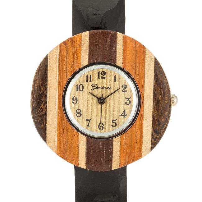 ShineHigh Brenna Black Wood Inspired Leather Cuff Watch